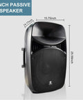 MX15 15 Inch 2500W Bluetooth Powered PA System speaker detailed dimensions with 8 Channel Mixer, stands, wired microphone, cables