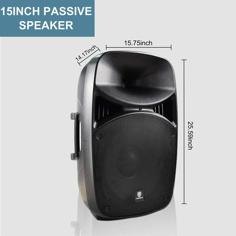 MX15 15 Inch 2500W Bluetooth Powered PA System speaker detailed dimensions with 8 Channel Mixer, stands, wired microphone, cables