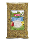 Top Shelf No Mess Wild Bird Seed Mix For Backyard Songbirds Loaded With Hearty Peanuts Rich Safflower And Striped Sunflower To Attract Cardinals Woodpeckers Blue Jays And Colorful Finches From Nine Pound Bag in a clear package.
