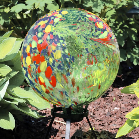 Green Artistic Glass Gazing Ball Globe Set Of Two, 10 Inch Garden Decor Orb with colorful patterns on stand in yard