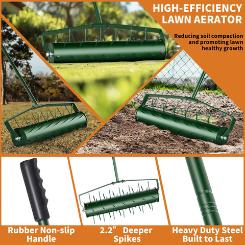 21 Inch Lawn Aerator Workhorse Heavy Duty Manual Tool With 50 Inch Metal Handle for soil aeration, non-slip handle, steel build