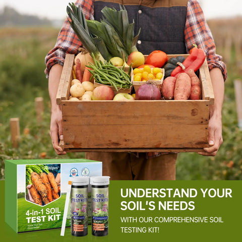 Person holding vegetables with 4-In-1 Soil Test Kit For PH, Nitrogen, Phosphorus And Potassium Levels - 40 Tests displayed
