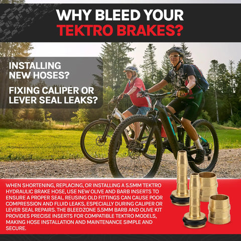 Tektro 5.5mm Barb And Olive Brake Hose Kit for hydraulic brakes displayed with cyclists and bike part inserts