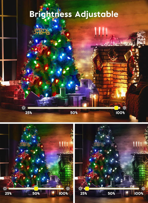 Smart RGB C9 LED Christmas Lights 66ft Music Sync With App Control on indoor Xmas tree with adjustable brightness