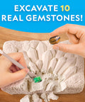 Child excavating in gemstone dig kit with real gems like amethyst and geode. Dig Up 10 Real Gemstones Like A Boss Geologist With This Kid Friendly Gemstone Dig Kit Includes Amethyst Rose Quartz Pyrite Tigers Eye Green Aventurine Fluorite Sodalite Snowflake Obsidian Gray Agate And A Geode.