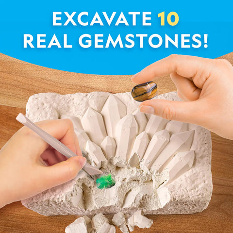 Child excavating in gemstone dig kit with real gems like amethyst and geode. Dig Up 10 Real Gemstones Like A Boss Geologist With This Kid Friendly Gemstone Dig Kit Includes Amethyst Rose Quartz Pyrite Tigers Eye Green Aventurine Fluorite Sodalite Snowflake Obsidian Gray Agate And A Geode.