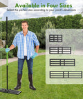 Man holding Lawn Leveling Rake With 6.5 Foot Stainless Steel Handle next to size chart for 35 By 10 Inch Ground Leveler for Yard