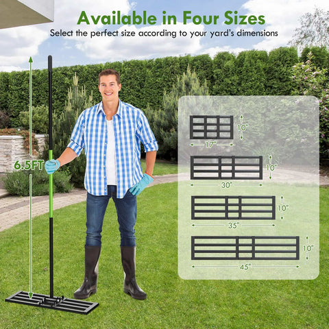 Man holding Lawn Leveling Rake With 6.5 Foot Stainless Steel Handle next to size chart for 35 By 10 Inch Ground Leveler for Yard