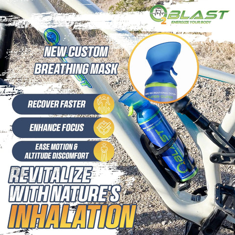 99.99 Percent Pure Oxygen On The Go Can With Mask attached to a bicycle frame, highlighting benefits and features.