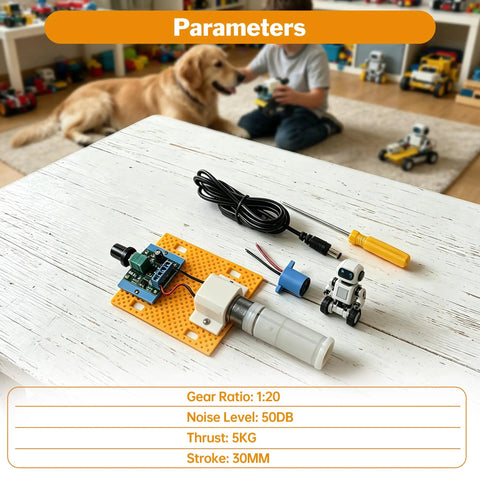 Legit Strong 5V 30mm Stroke Mini Reciprocating Linear Actuator on workspace with toys and components for DIY projects.