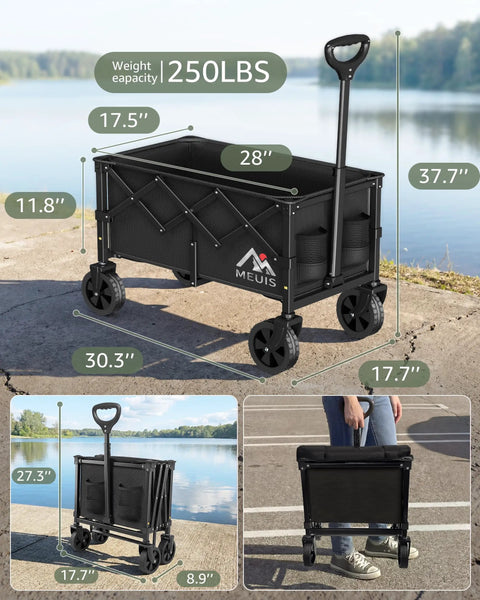 Collapsible Wagon Cart With Wheels Heavy Duty Folding Wagon For Groceries Shopping Outdoor Portable 250 Lb Capacity Trolley Black One Hand Quick Fold For Easy Haul And Storage