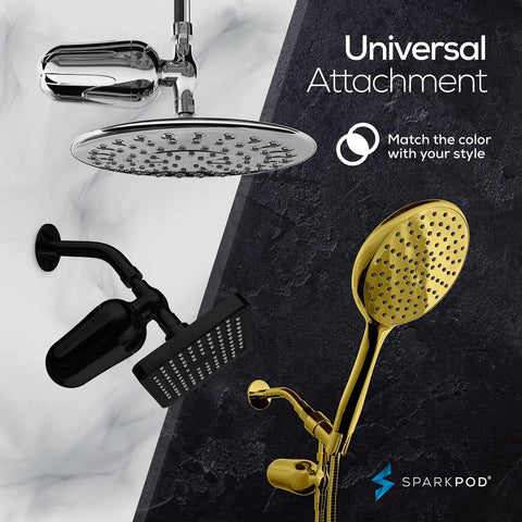 Three different styles of shower heads, including chrome, black, and gold options. Spa Quality Shower Filter System With High Output Shower Head And Cartridge Knocks Out Chlorine And Heavy Metals Up To 95 Percent For Softer Hair And Skin In A Sleek Polished Chrome Finish. Universal attachment compatibility displayed.