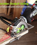 WORKPRO 20V cordless mini circular saw with laser guide; front view; includes 4.0Ah battery, charger, 3 blades.