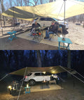 Oversize Car Side Camping Awning 11 by 19 feet set up beside SUV, providing outdoor shade with seating and adjustable legs.