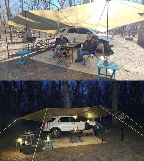 Oversize Car Side Camping Awning 11 by 19 feet set up beside SUV, providing outdoor shade with seating and adjustable legs.