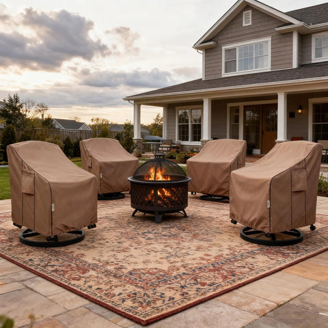 Weatherproof Patio Chair Covers 4 Pack Built Tough Heavy Duty For Outdoor Furniture Fit For Adirondack Swivel Rocker And Deep Seat Lounge Chairs 30W X 34D X 36H Brown covering four chairs around fire pit.