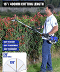 Man using Gas Powered 4 In 1 Weed Wacker with 16 inch hedge trimmer attachment in garden, showing 170° rotary angle feature