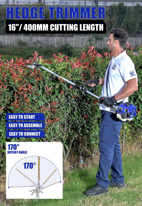 Man using Gas Powered 4 In 1 Weed Wacker with 16 inch hedge trimmer attachment in garden, showing 170° rotary angle feature