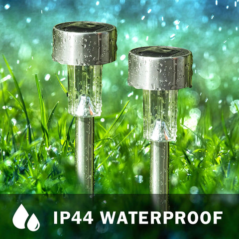 Outdoor Solar Lights 16 Pack Stainless Steel Waterproof Landscape Pathway Garden Lights with cold white pattern in rain