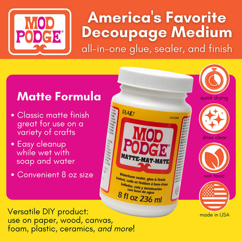 Matte Sealer Glue And Finish One Stop Craft Solution For Wood Paper Fabric And More Quick Dry Easy Clean Non Toxic Diy Friendly Craft Adhesive Finish Made In Usa 8 Oz Pack Of 1 showing bottle and usage details.