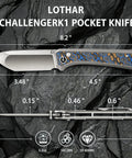 Dope Damascus Inlaid G10 EDC Pocket Knife With 3.4 Inch 14C28N Blade, Compound Grind, High Performance Folding Knife For Everyday Carry, Standout Craft And Modern Rugged Style, side profile on rock background