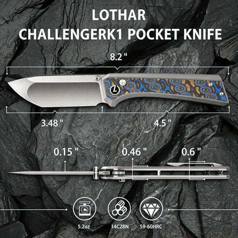 Dope Damascus Inlaid G10 EDC Pocket Knife With 3.4 Inch 14C28N Blade, Compound Grind, High Performance Folding Knife For Everyday Carry, Standout Craft And Modern Rugged Style, side profile on rock background