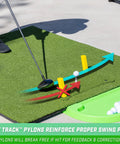 5 Ft By 4 Ft Pro Golf Practice Mat With 5 Interchangeable Inserts For At Home Swing Practice Like A Pro, golfer using mat with HEX Track