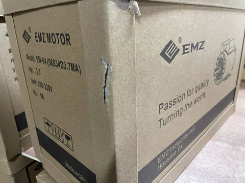 EMZ electric motor box with EMZ logo; model EM-04, 3.7 HP, 208–230V, 60 Hz