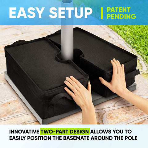 Hands assembling BaseMate 18 Inch Umbrella Base Weight Keeps Your Patio Umbrella Steady In Windy Weather Detachable Design