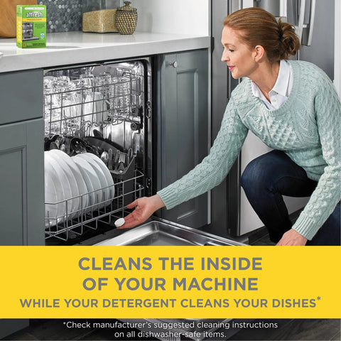 Woman placing a tablet in dishwasher; demonstrating Dishwasher Cleaner Tablets 24 Count Two Pack Powers Away Odor Causing Bacteria.
