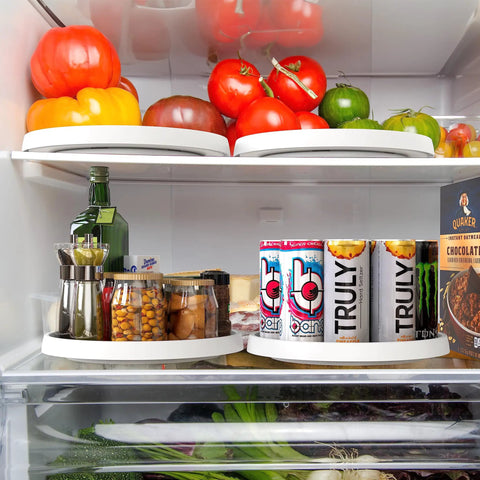 Refrigerator shelves with 12 Inch Lazy Susan Spice Organizer Rotating Tray Set 5 Pack Non Slip Rimmed Edge holding produce and cans