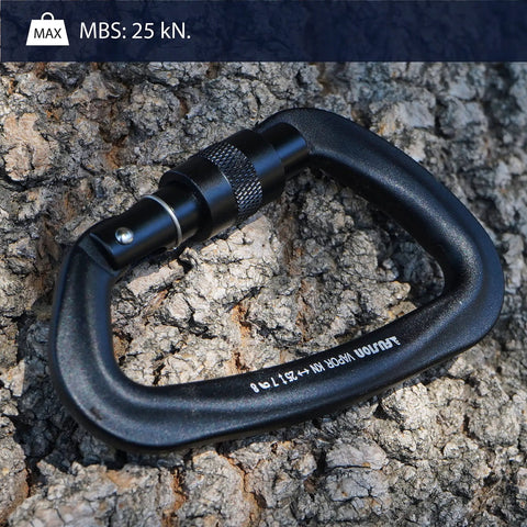 Military Tactical Aluminum Straight Gate D Carabiner With Key Nose For Quick Clip on tree bark, matte black finish