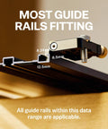 Top Shelf Two Pack Folding Guide Rail Clamps For Sweet Workshop Organization Quick Flip Lock Shows dimensions for most guide rails fitting.