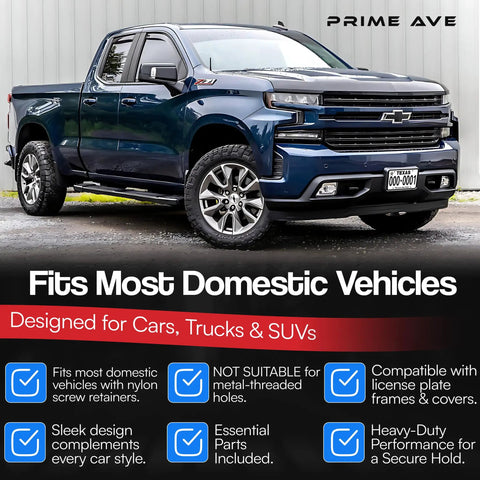 Pickup truck with stainless steel license plate screws with nylon inserts, rustproof front and rear plate hardware, fits most domestic vehicles