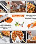 Collage showing a 12 Inch Aluminum Pizza Peel With Foldable Wooden Handle, Includes Rocker Cutter And Metal Spatula, Easy Storage For Your Home Oven, Perfect For Pizza Dough, Bread And Pastries, with various uses in kitchen.