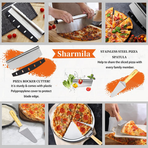 Collage showing a 12 Inch Aluminum Pizza Peel With Foldable Wooden Handle, Includes Rocker Cutter And Metal Spatula, Easy Storage For Your Home Oven, Perfect For Pizza Dough, Bread And Pastries, with various uses in kitchen.