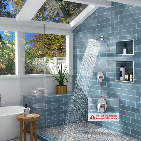 Brushed Gold Shower Faucet Set With 8 Inch Rainfall Showerhead Single Handle Valve Trim Kit Included Durable Brass Construction visible in a modern bathroom