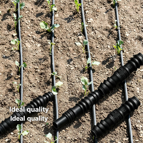 Get This Awesome 8 Pack Of 1/2 Inch Hose Connectors For Your Garden, Soaker Hoses, And Washing Machine! molded plastic black hose fittings in drip irrigation bed