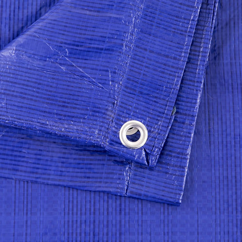 Close-up of corner grommet of All Purpose Poly Tarp 30x50 Feet 5 Mil Waterproof Blue Heavy Duty Outdoor Cover For DIY Projects Camping Roofing And Construction Use Tarp To Shield Equipment It Keeps Rain Dust And Debris Away Tough As Nails