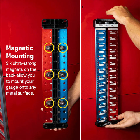 Identibolt Pro Thread Checker with Magnetic Wall Mount, showing its six magnets for quick nut and bolt identification.