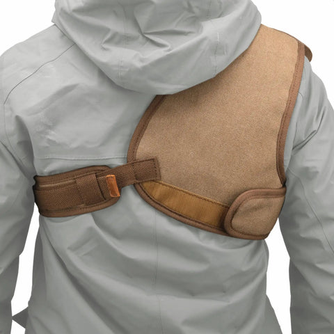 Adjustable rifle and shotgun shoulder shield with leather recoil pad for hunting and archery, brown suede, rear view