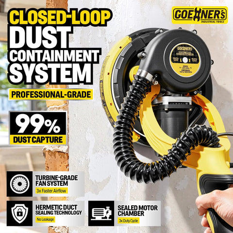 Pro Level Drywall Sander With Full Vacuum Hookup For Popcorn Ceilings Smoothly Eats Up Fine Dust Featuring Beast Mode Variable Speed Shaft and closed-loop dust containment system.