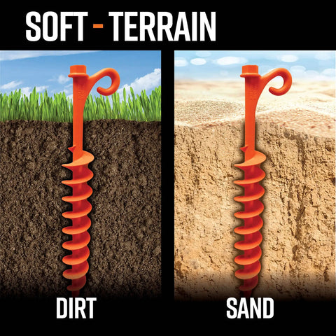 Orange Screw In Tent Stakes 12 Pack For Sand No Drill Needed Ground Anchors with maximum grip in dirt and sand.
