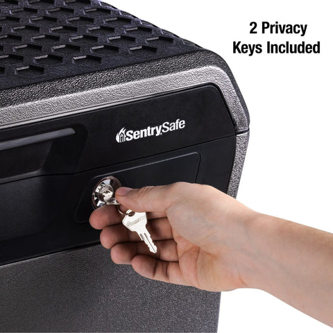 Fireproof And Waterproof Lock Box With Key Lock, Rugged File Safe for Docs, 0.66 Cubic Feet, hand inserting key