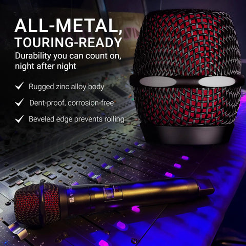 V7 MC1 Wireless Microphone Capsule For Shure Transmitters on mixing console, rugged all-metal zinc alloy body, black and red grille.
