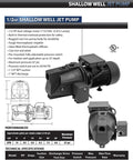 1/2 HP Cast Iron Shallow Well Jet Pump With Dual Voltage 115/230V, 10 GPM At 40 PSI, Adjustable Pressure Switch, UL listed