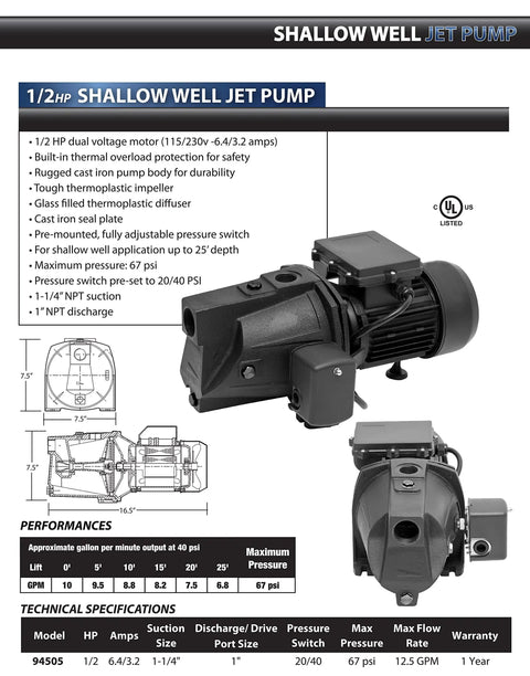 1/2 HP Cast Iron Shallow Well Jet Pump With Dual Voltage 115/230V, 10 GPM At 40 PSI, Adjustable Pressure Switch, UL listed
