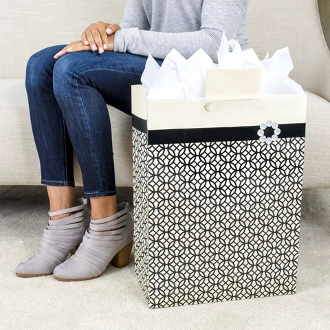 Mega Gift Bag With Tissue Paper In Black Ivory And Gold Endless Circles For Weddings And Showers, Large Size with Card Holder