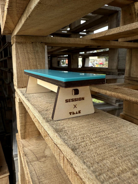 Wooden Fingerboard Bench Obstacle With Baltic Birch Wood And Teal Acrylic Surface, Dope Durable Practice Ramp on wooden pallets