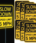 6 Pack Bright Yellow Slow Down 5 MPH Speed Limit Signs Durable Reflective Aluminum Street Safety Boards on display.